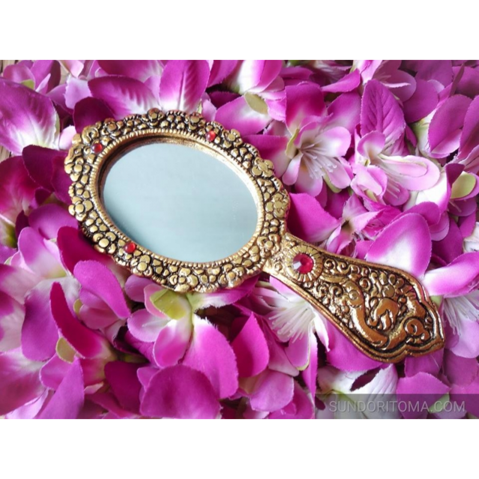 Vintage Handheld Decorative Mirror with Gemstones - Elegant Makeup Accessory
