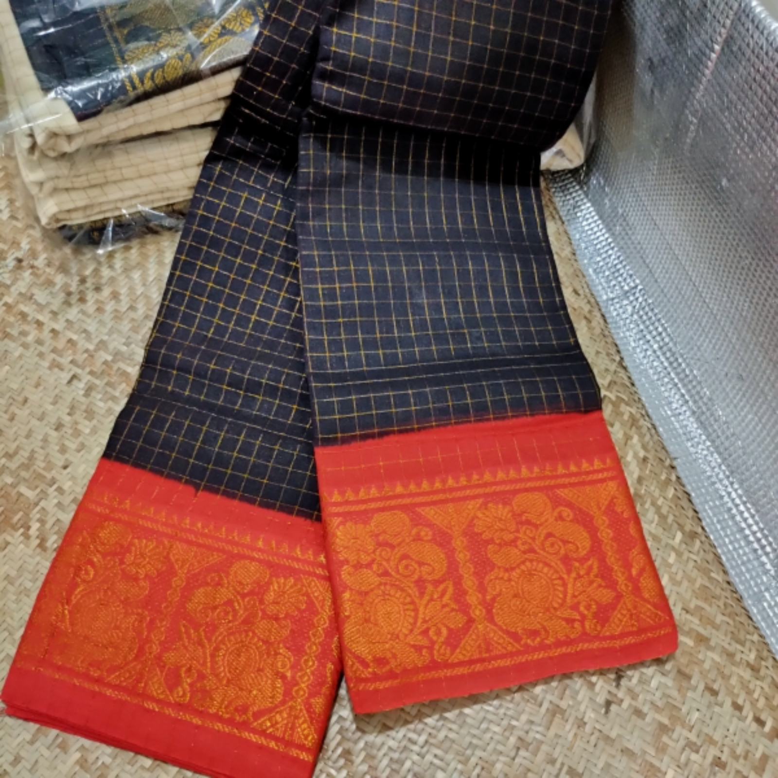 Elegant Black and Red Handloom Cotton Saree with Golden Checks